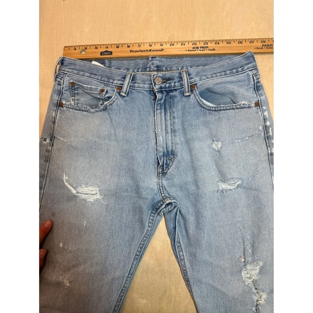 Levis 505 Regular Fit Jeans Mens 33x34 Light Wash Distressed Straight Leg 00505